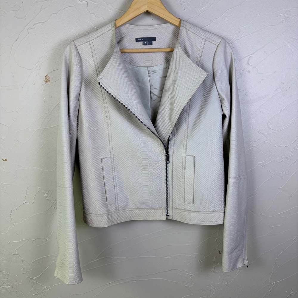 Vince Leather Moto‎ Jacket Womens Medium Off White Snakeskin Embossed Asymmetric